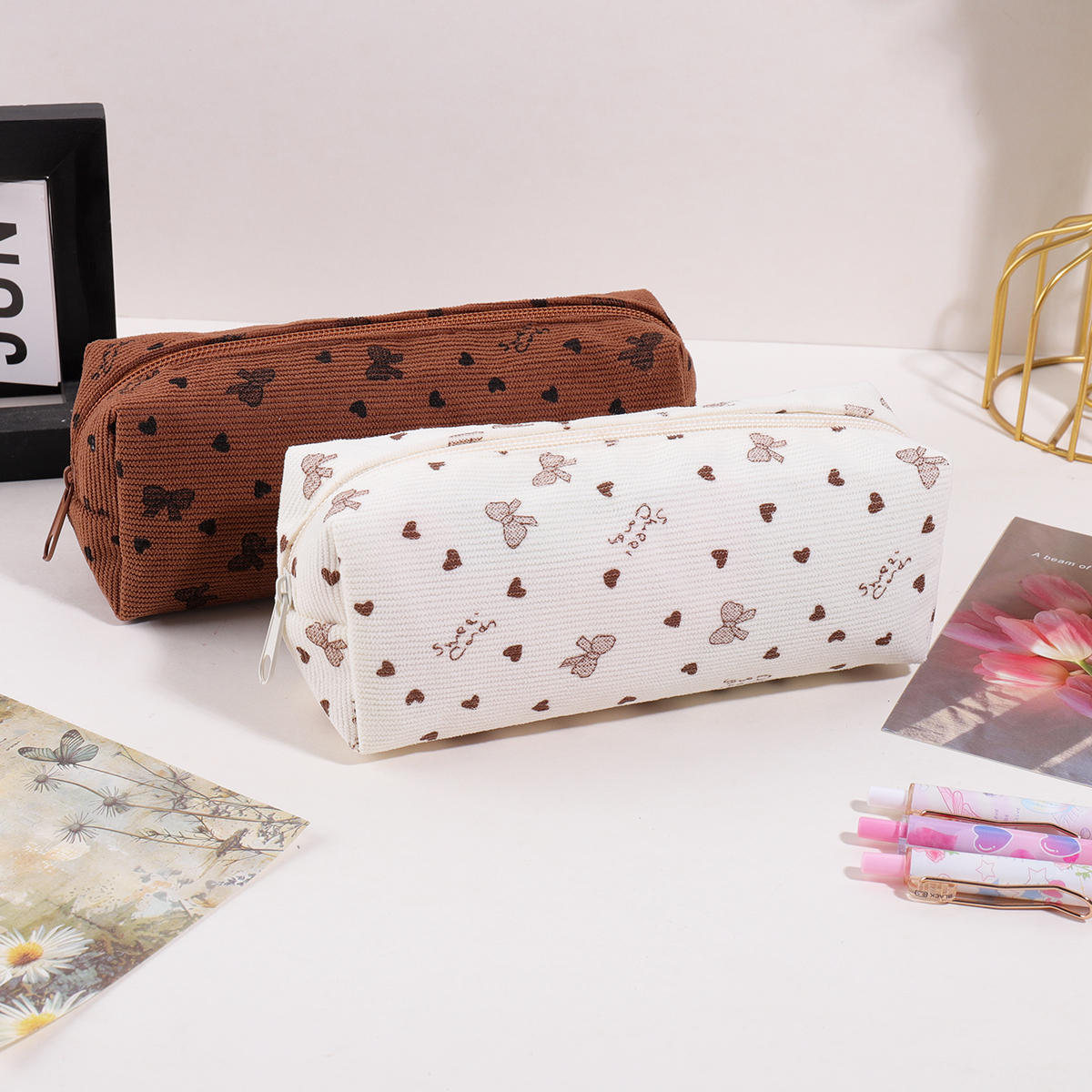 Women Bags For Office Use - Cute Bow Printed Corduroy Pencil Bag,
